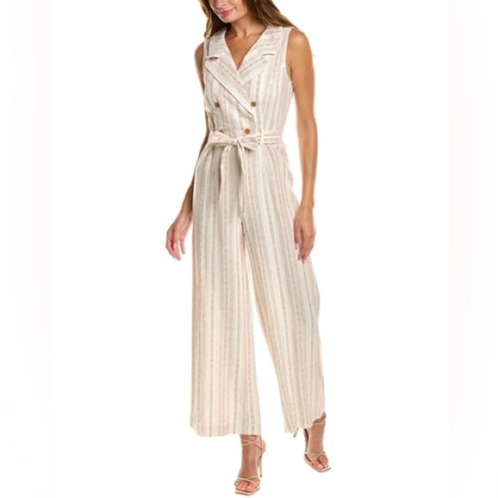 NANETTE LEPORE Maxine Linen-blend striped double breasted jumpsuit white Size 12